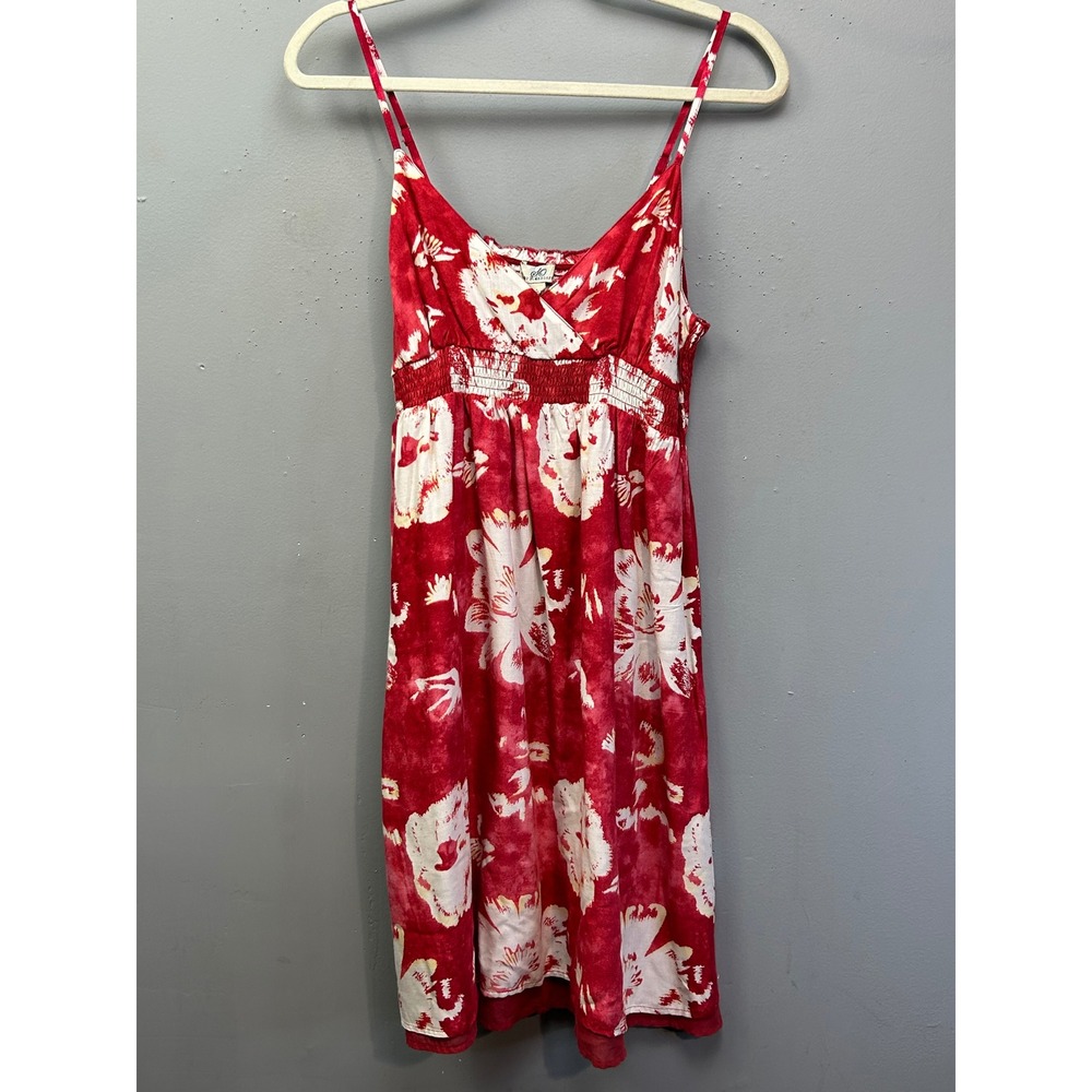SO Sundress Women Large Red Floral Tie Dye Smocked‎ Empire Waist Rayon V-Neck L